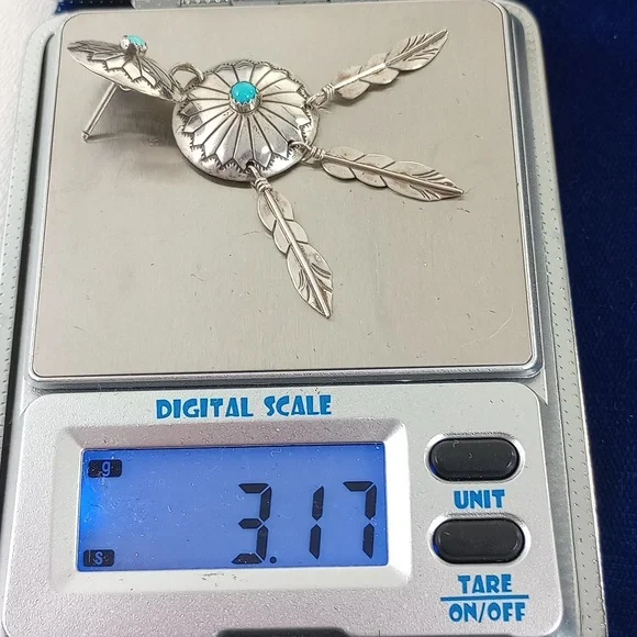 Sterling Silver and Turquoise / Feathers Dangle Earrings Native American - Picture 7 of 12